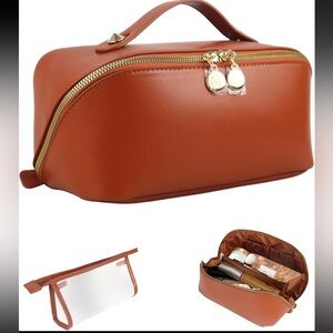79. Elegant Brown Vegan Leather Large Makeup Bag NEW